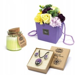 Kwiatowy zestaw prezentowy fioletowo żółty - bukiet mydlany, biżuteria szklana, aromatyczna świeczka
