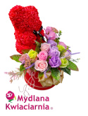 Bukiet mydlany z misiem Flowerbox - 16 róż