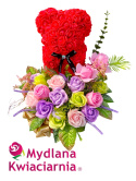 Bukiet mydlany z misiem Flowerbox - 16 róż